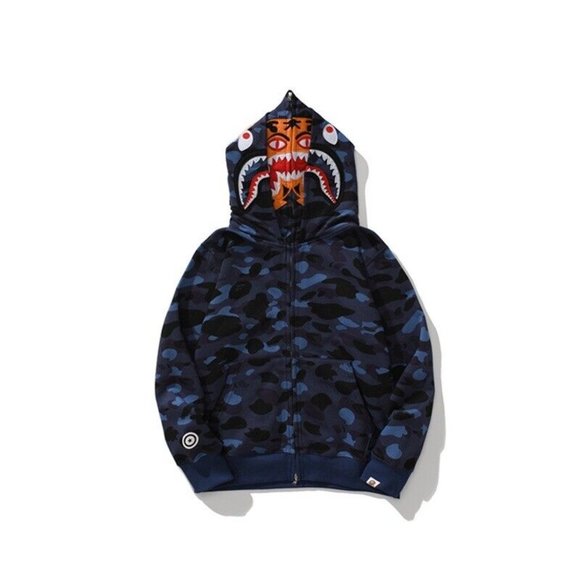 Bape BLUE Camo Tiger Shark Wide Full Zip Double Hood Hoodie LARGE Bathing Ape - Picture 13 of 16